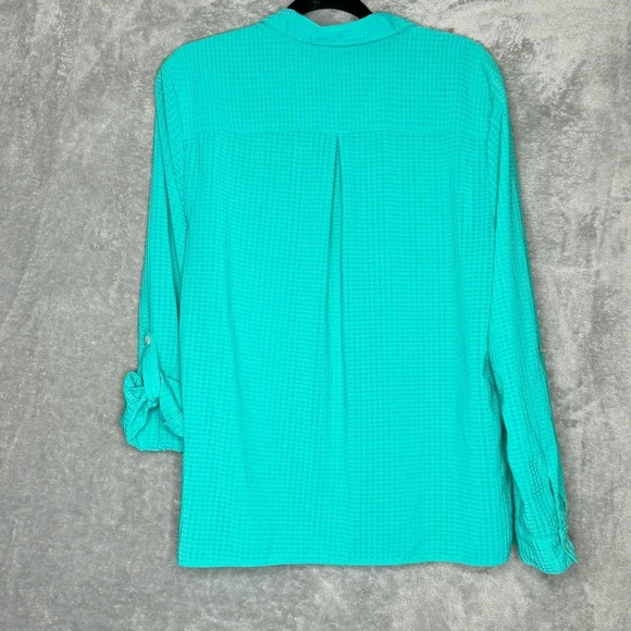 Notations XL Shirt Top Blue Check Button Up Tab Long Sleeve V Neck Semi Sheer - Picture 5 of 8